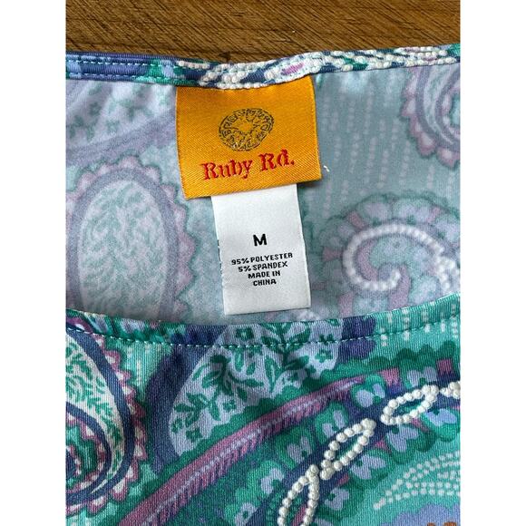 Womens Ruby Rd Knit Paisley Puff Print Front Tie‎ Detail Blue Purple Blouse M - Picture 7 of 7